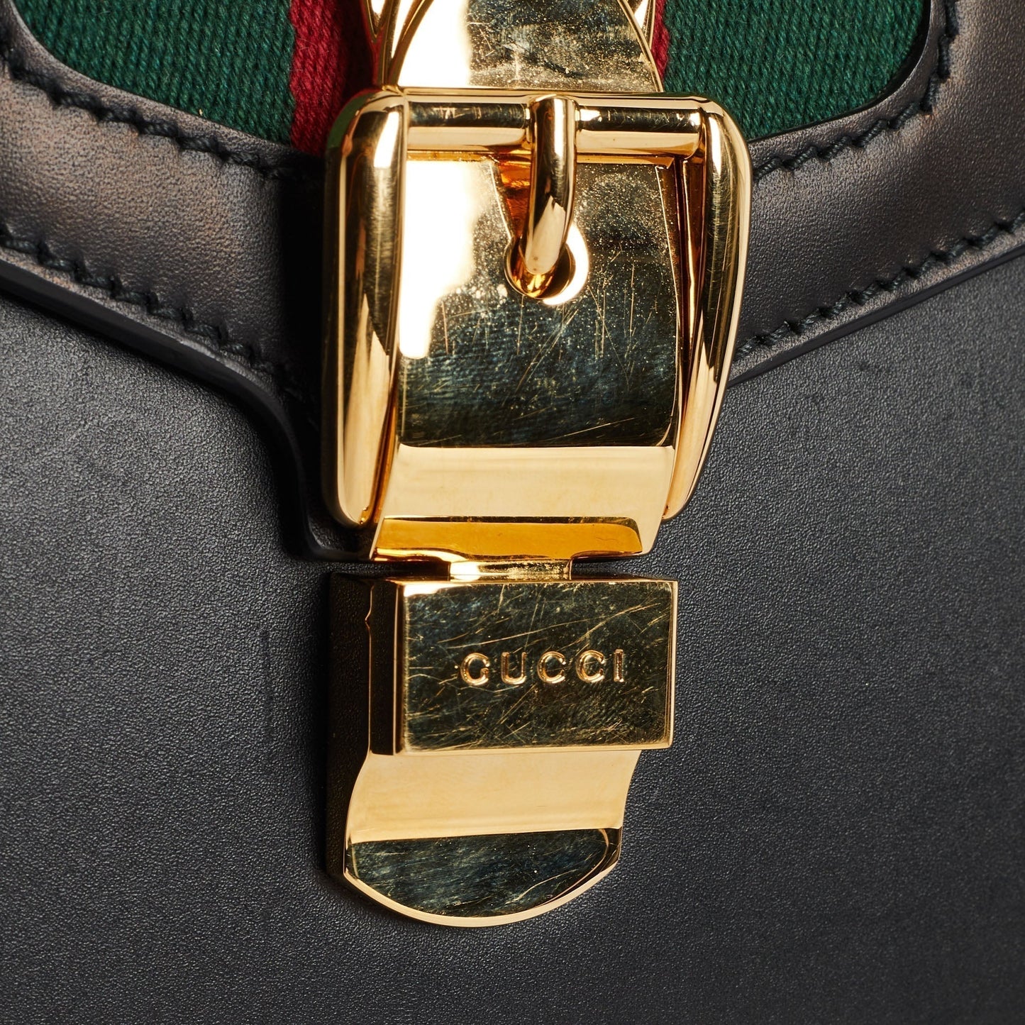 Gucci Black Leather Mini Web Chain Sylvie Top Handle Bag