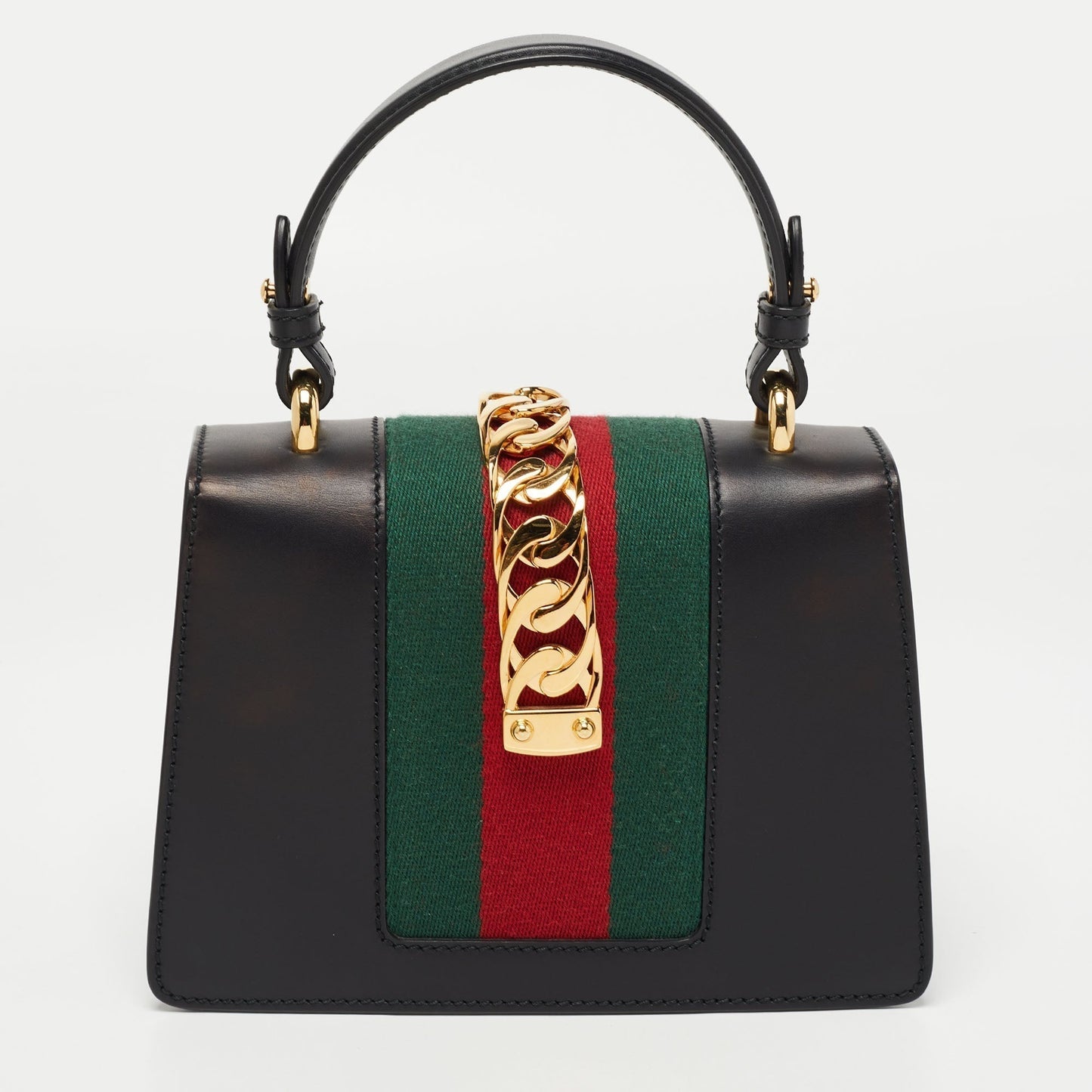 Gucci Black Leather Mini Web Chain Sylvie Top Handle Bag