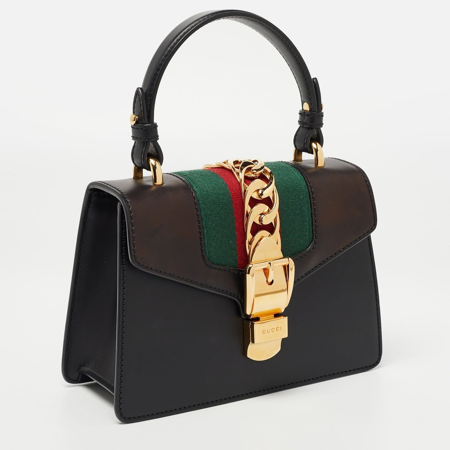 Gucci Black Leather Mini Web Chain Sylvie Top Handle Bag