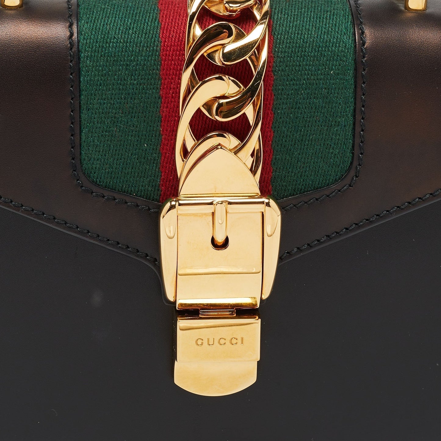 Gucci Black Leather Mini Web Chain Sylvie Top Handle Bag