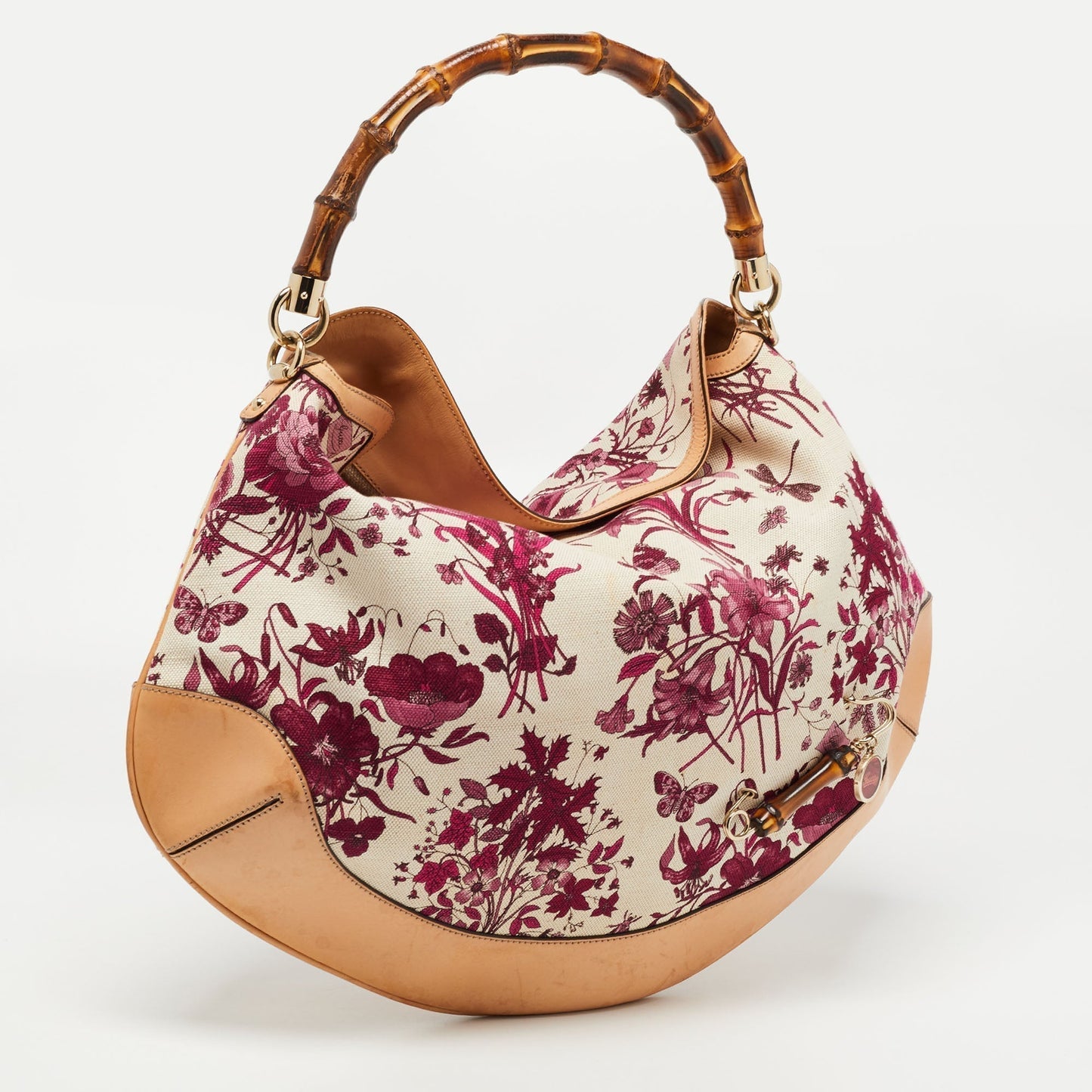 Gucci Magenta/Natural Canvas and Leather Floral Peggy Bamboo Hobo