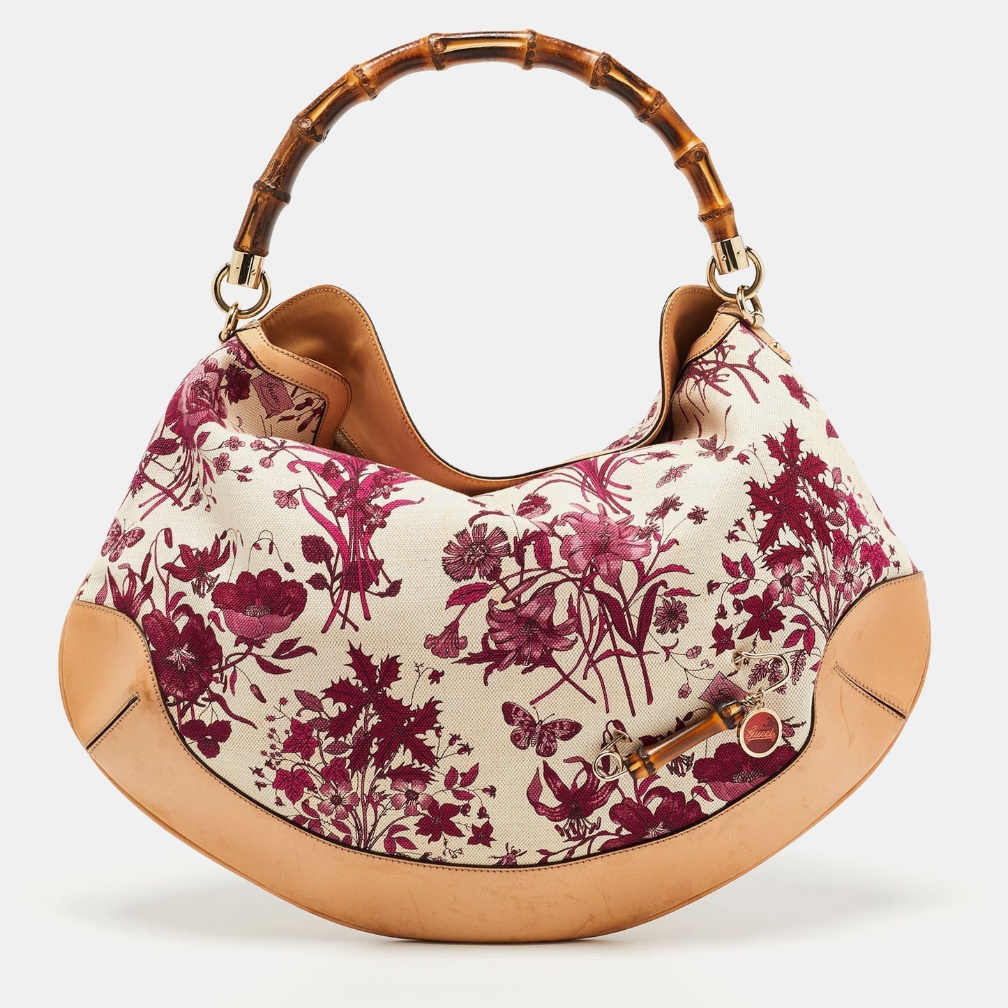 Gucci Magenta/Natural Canvas and Leather Floral Peggy Bamboo Hobo