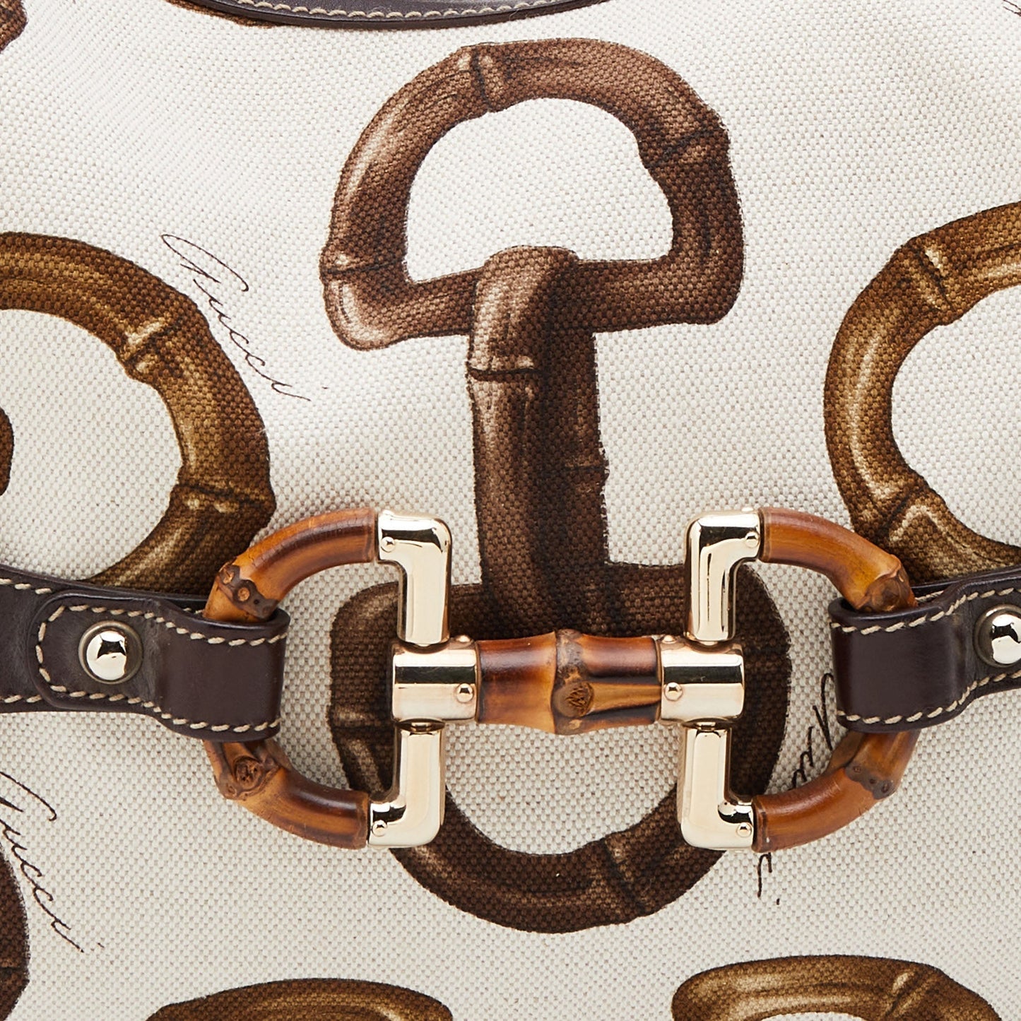 Gucci Brown/Off White Bamboo Horsebit Print Canvas Amalfi Hobo