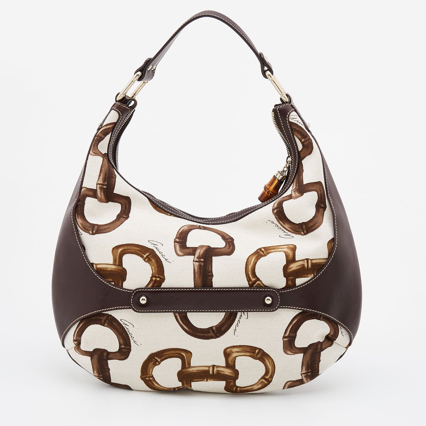 Gucci Brown/Off White Bamboo Horsebit Print Canvas Amalfi Hobo