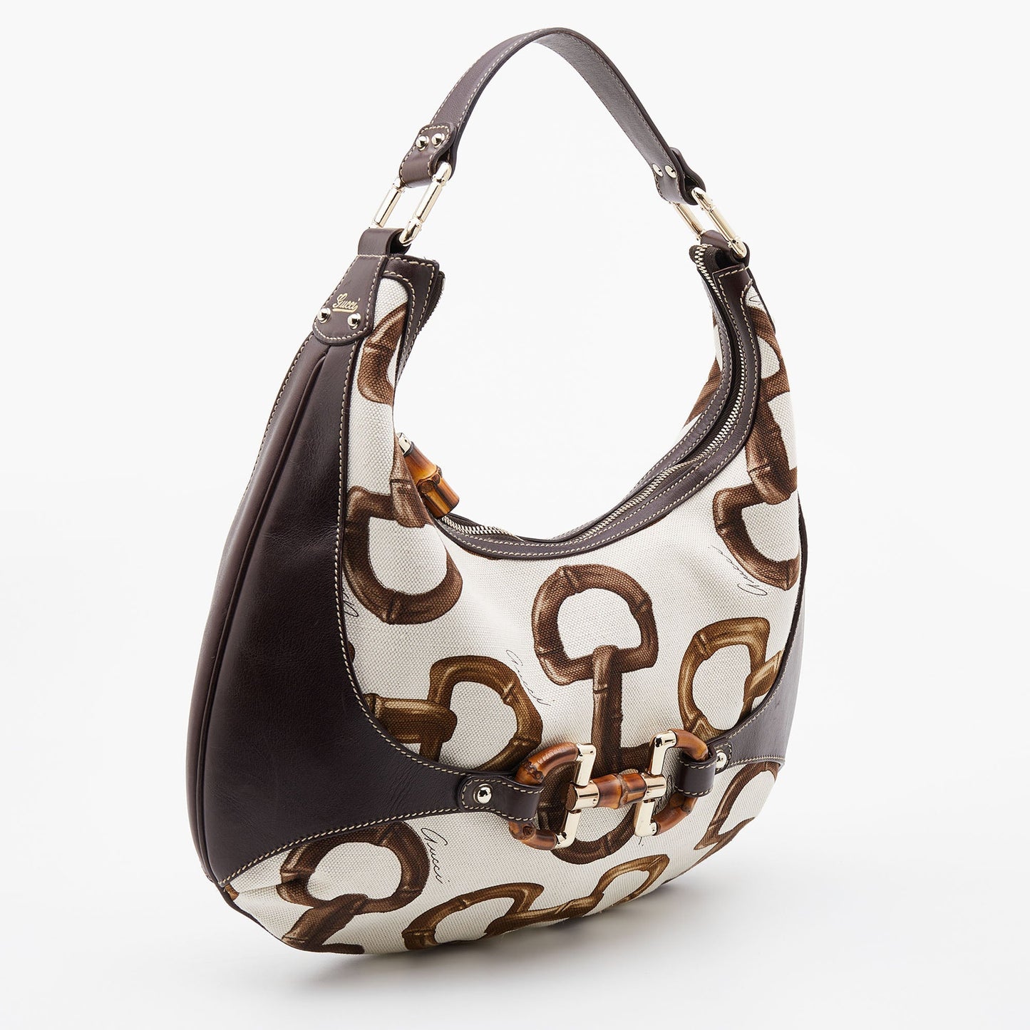 Gucci Brown/Off White Bamboo Horsebit Print Canvas Amalfi Hobo