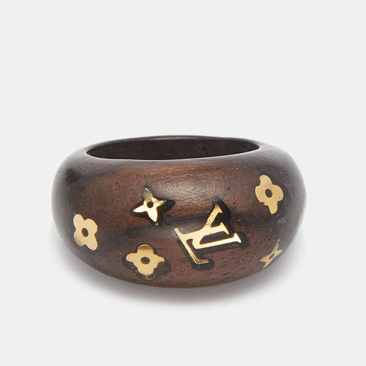 LOUIS VUITTON Gold Tone Monogram Wood Ring Size 56