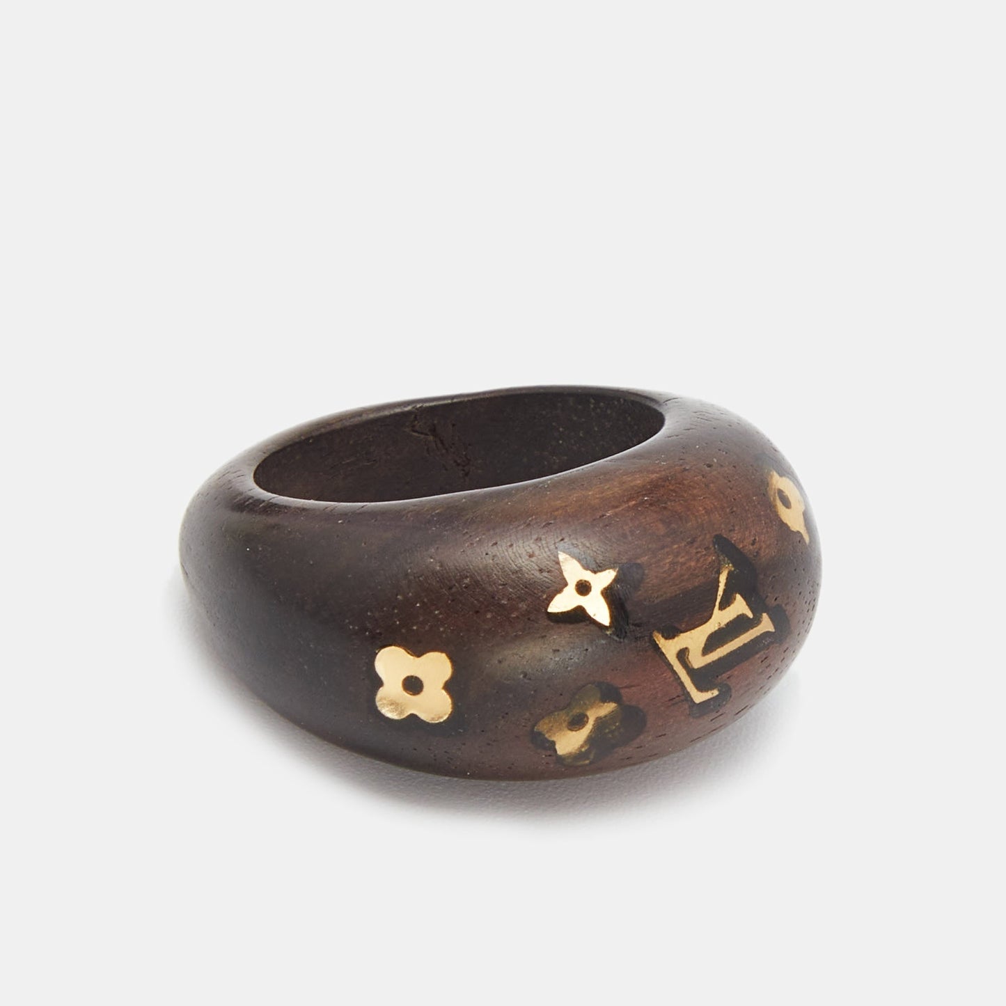 LOUIS VUITTON Gold Tone Monogram Wood Ring Size 56