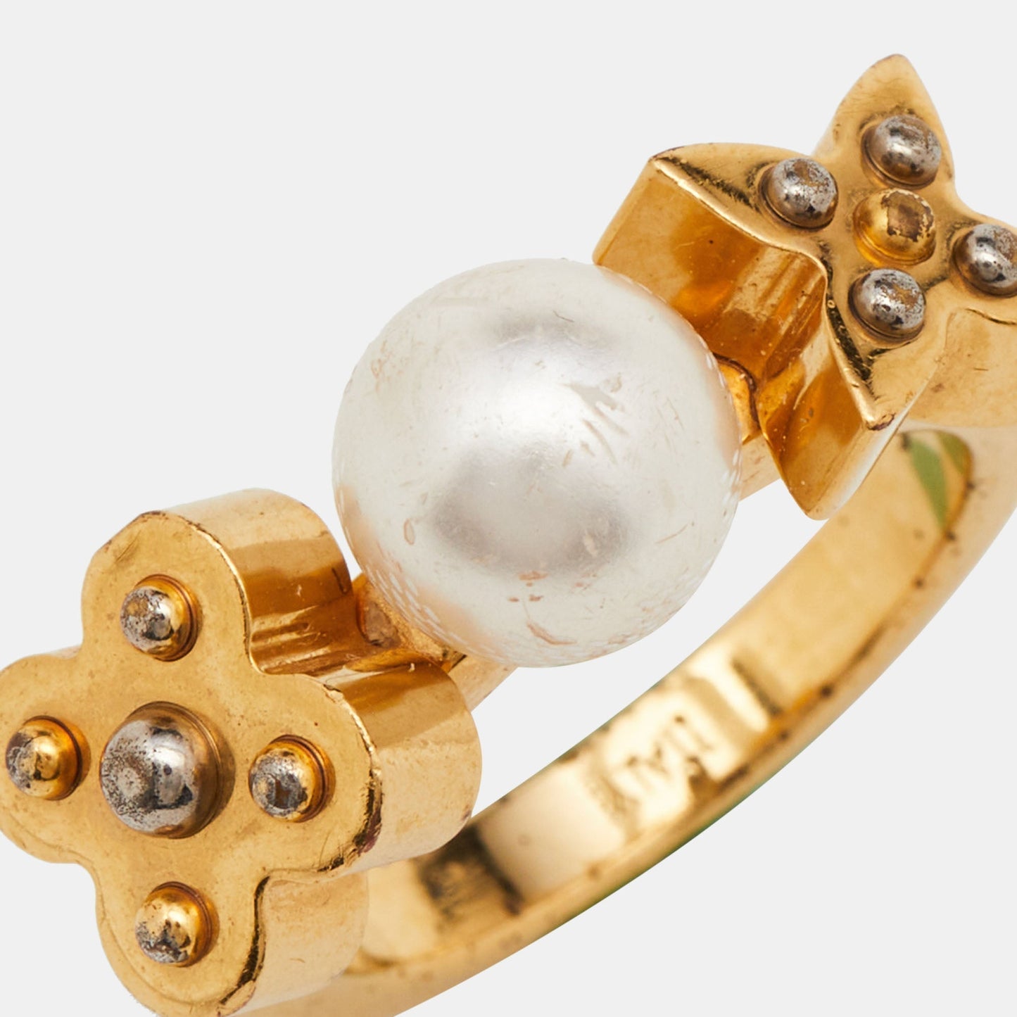 LOUIS VUITTON Gold Tone Monogram Faux Pearl Ring S