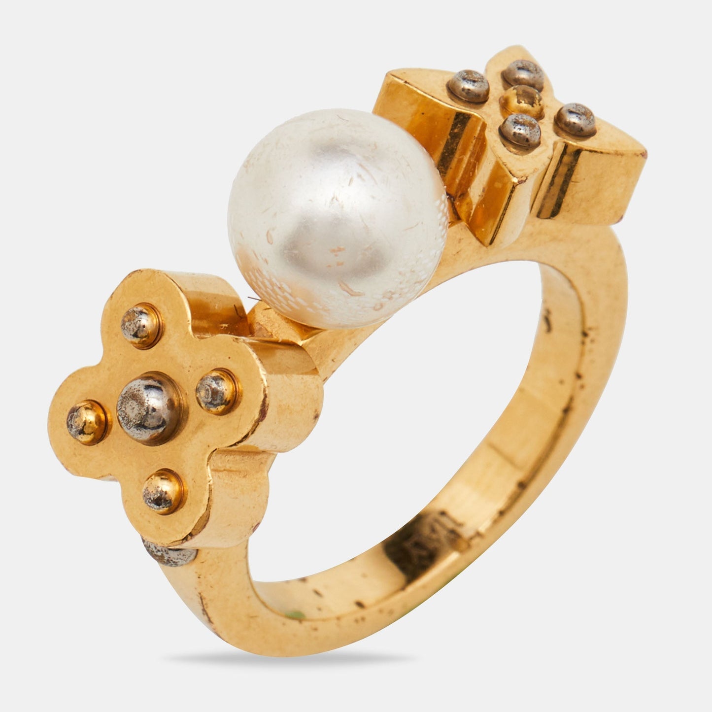LOUIS VUITTON Gold Tone Monogram Faux Pearl Ring S