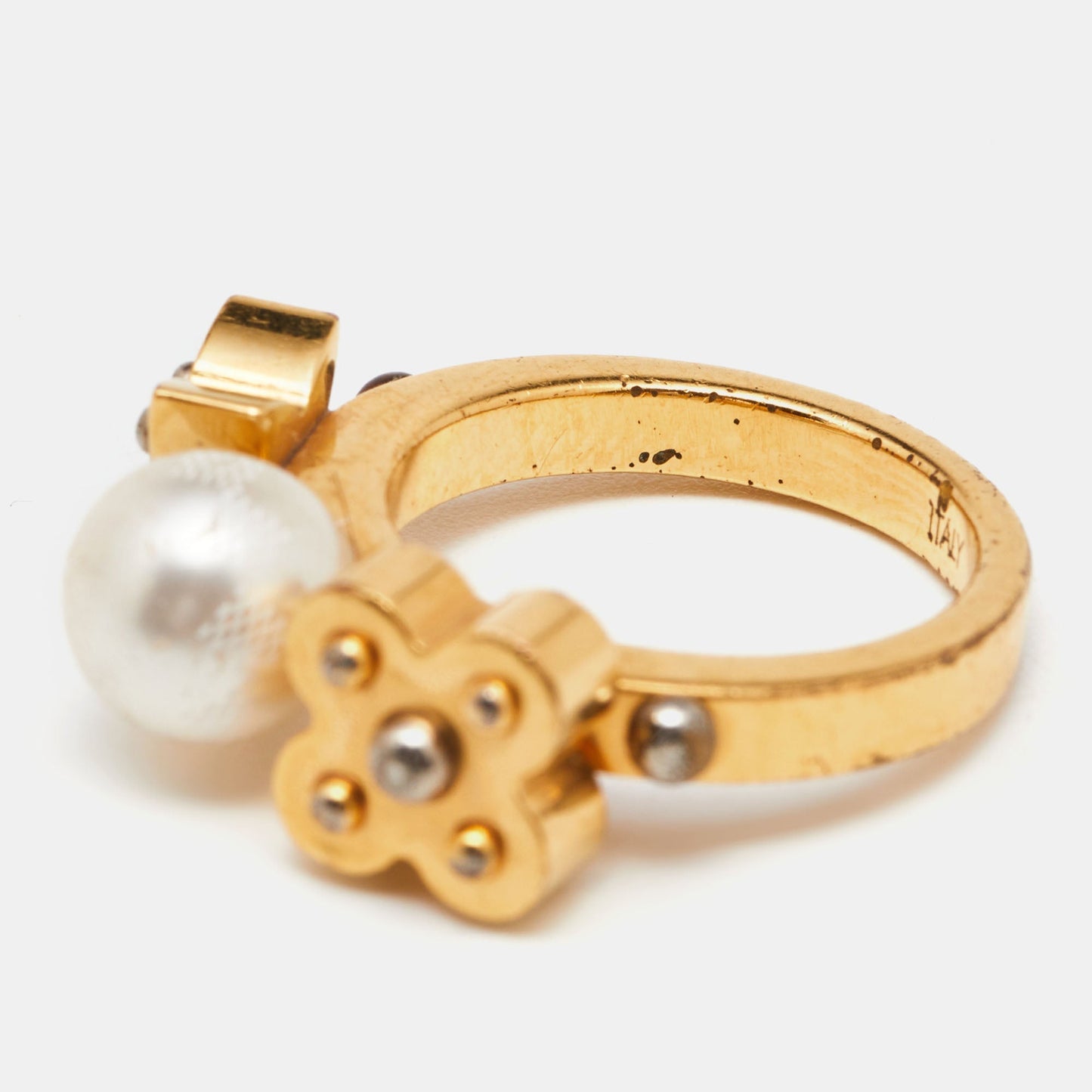 LOUIS VUITTON Gold Tone Monogram Faux Pearl Ring S