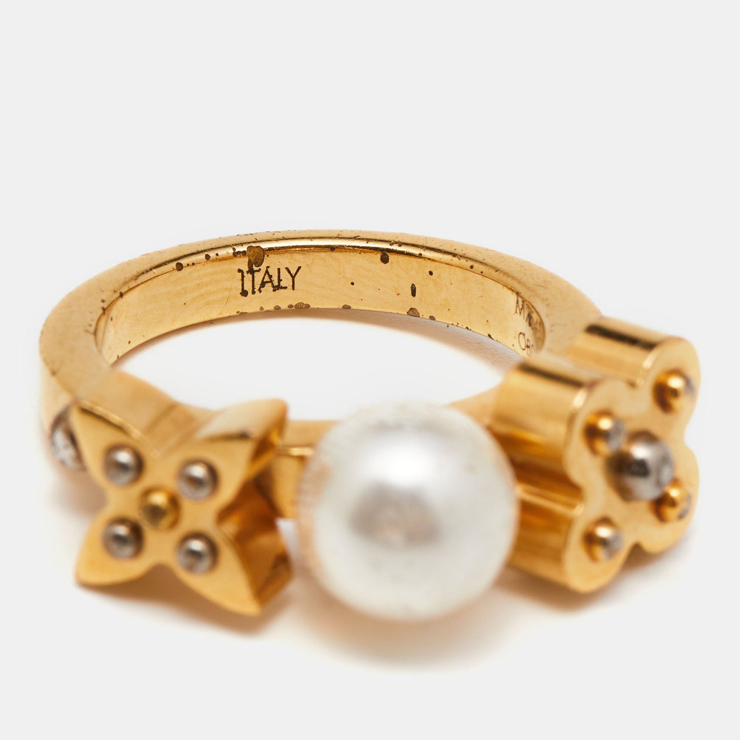 LOUIS VUITTON Gold Tone Monogram Faux Pearl Ring S