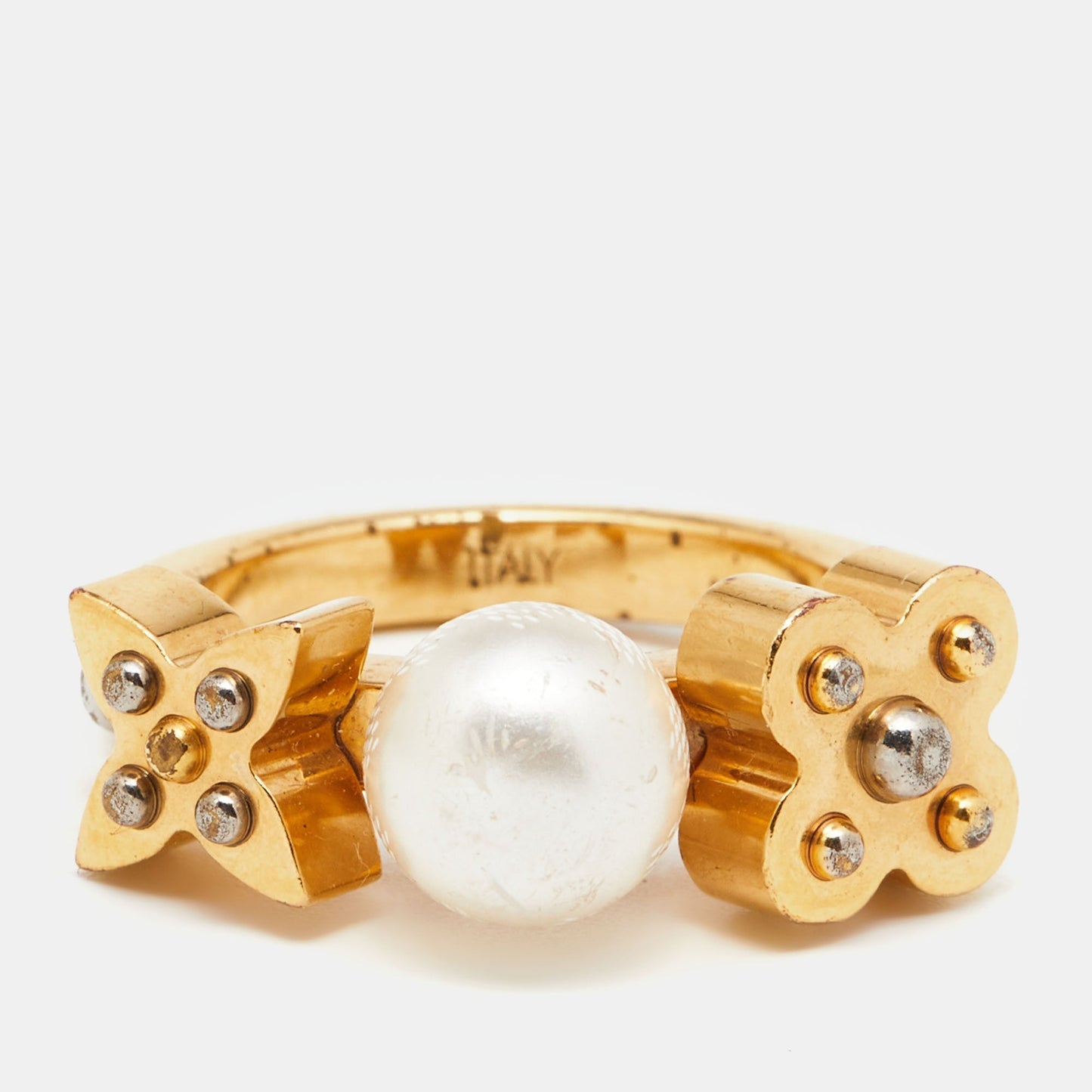 LOUIS VUITTON Gold Tone Monogram Faux Pearl Ring S