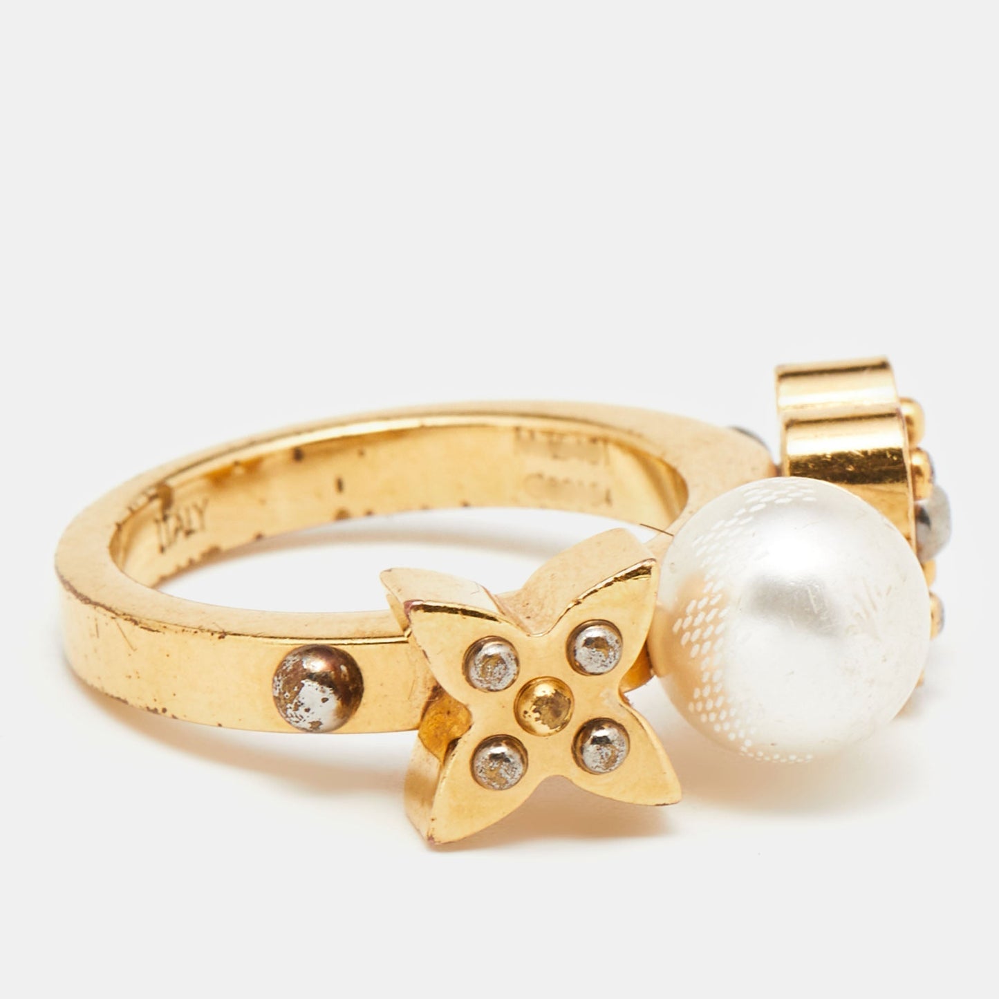 LOUIS VUITTON Gold Tone Monogram Faux Pearl Ring S