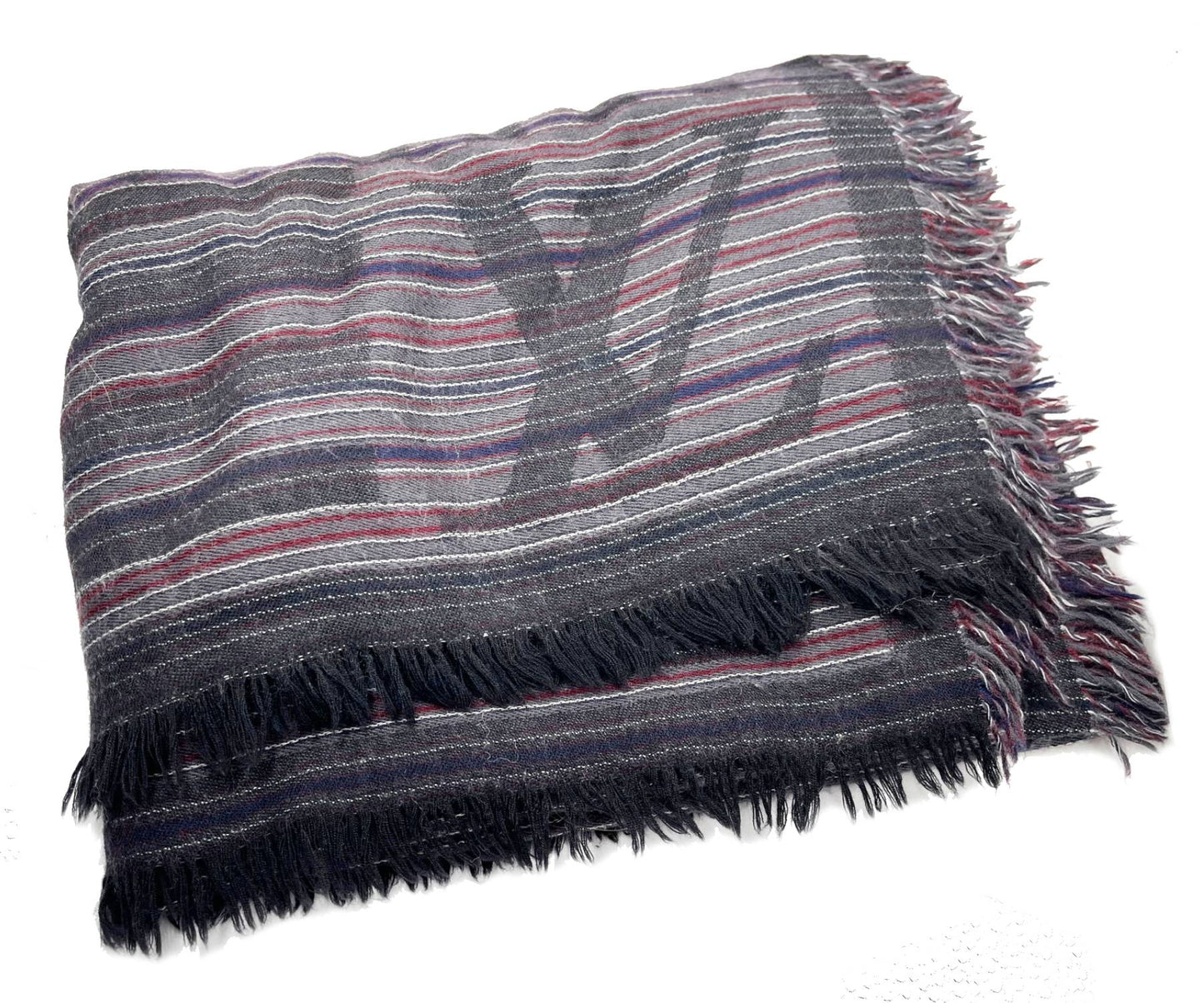 LOUIS VUITTON Dark Grey Stripe Cashmere Wool Shawl Scarf