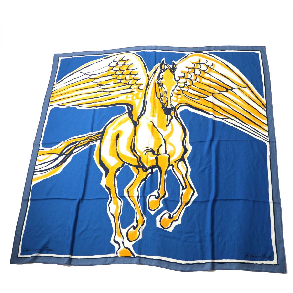 HERMES scarf Main: 70% cashmere, Main: 30% silk Blue x yellow<br> Libre Comme Pegase Women Used