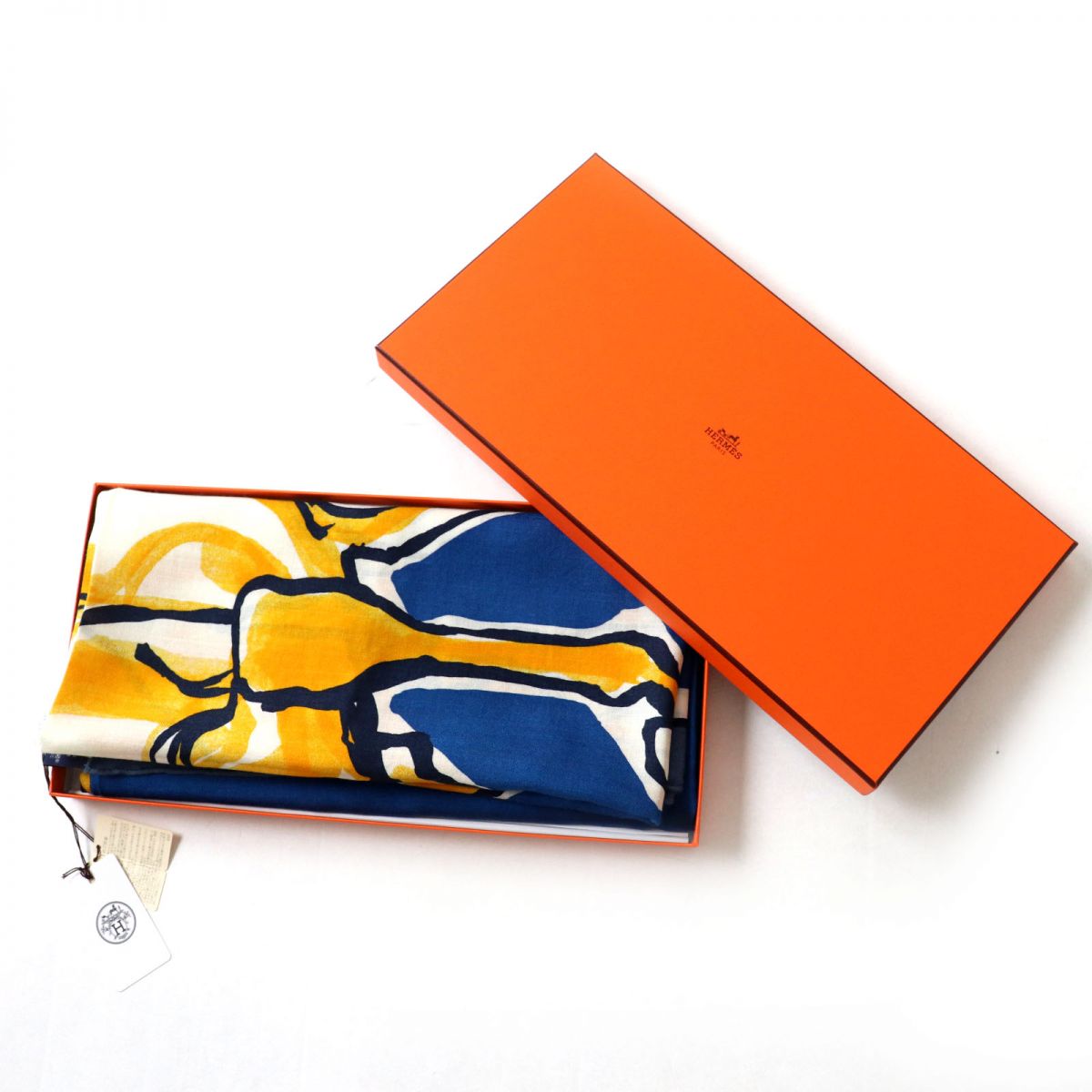 HERMES scarf Main: 70% cashmere, Main: 30% silk Blue x yellow<br> Libre Comme Pegase Women Used