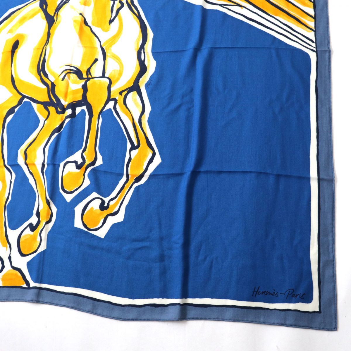 HERMES scarf Main: 70% cashmere, Main: 30% silk Blue x yellow<br> Libre Comme Pegase Women Used