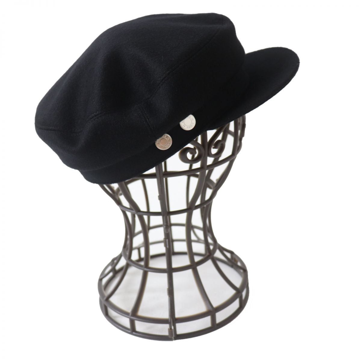 HERMES Casquette Outer: 100% cashmere, Lining: 65% rayon, Lining: 35% silk, Part: 56% cotton, Part: 44% rayon, Inner decoration: 100% polyester Black x Silver Metal Women 57 Used