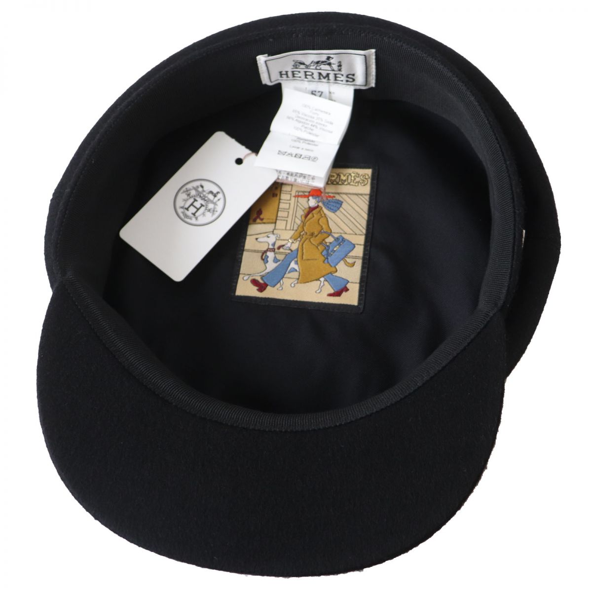HERMES Casquette Outer: 100% cashmere, Lining: 65% rayon, Lining: 35% silk, Part: 56% cotton, Part: 44% rayon, Inner decoration: 100% polyester Black x Silver Metal Women 57 Used