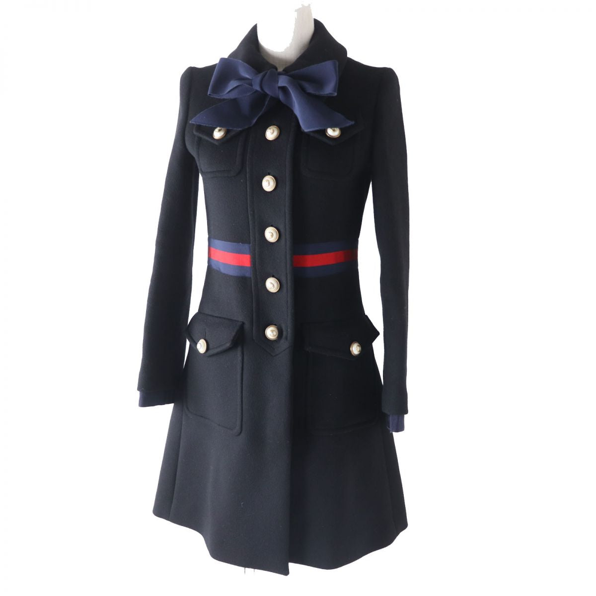 GUCCI coat Outer: 100% wool, part: 65% rayon, part: 35% cotton, part: 50% cotton, part: 50% rayon Black x Navy x Red Women 36 Used