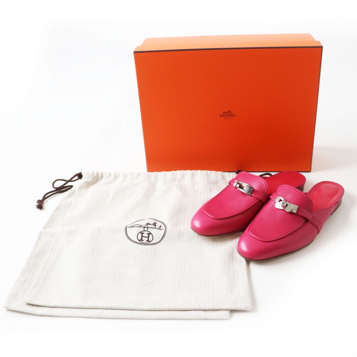 HERMES Mule leather shocking pink SilverMetal 37 1/2