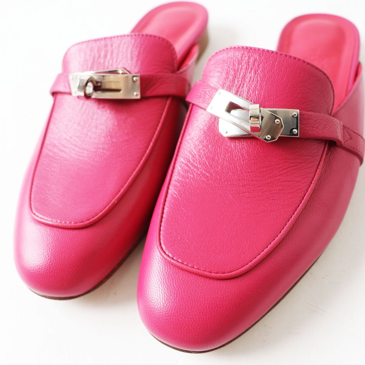 HERMES Mule leather shocking pink SilverMetal 37 1/2