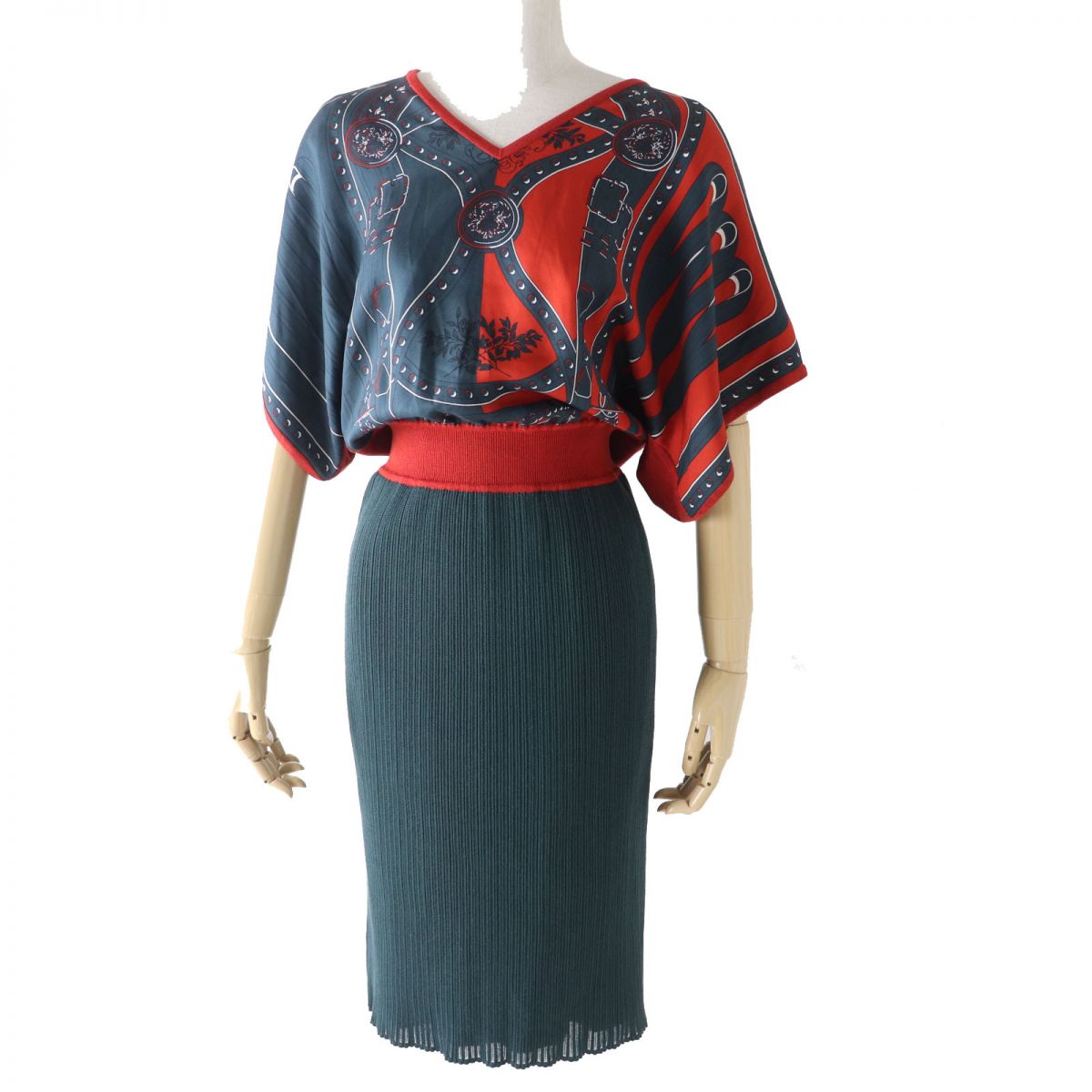 HERMES one piece silk Red x dark green type 34