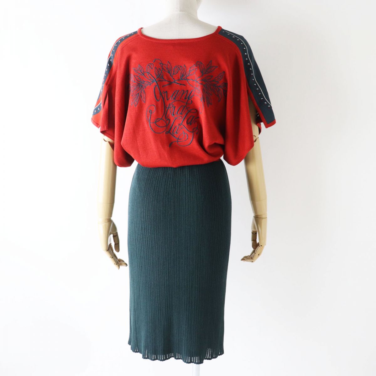 HERMES one piece silk Red x dark green type 34