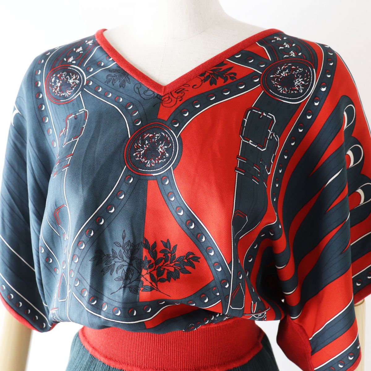HERMES one piece silk Red x dark green type 34