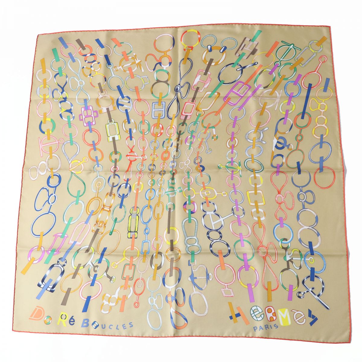 HERMES scarf silk BEIGE DORE/VERT/MU DO RE BOUCLES Carre90