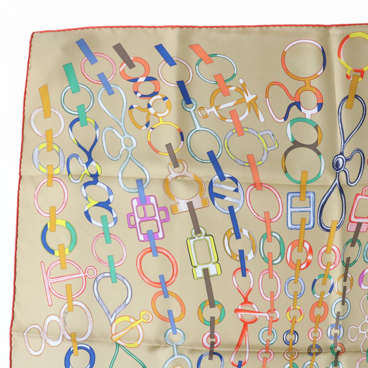 HERMES scarf silk BEIGE DORE/VERT/MU DO RE BOUCLES Carre90