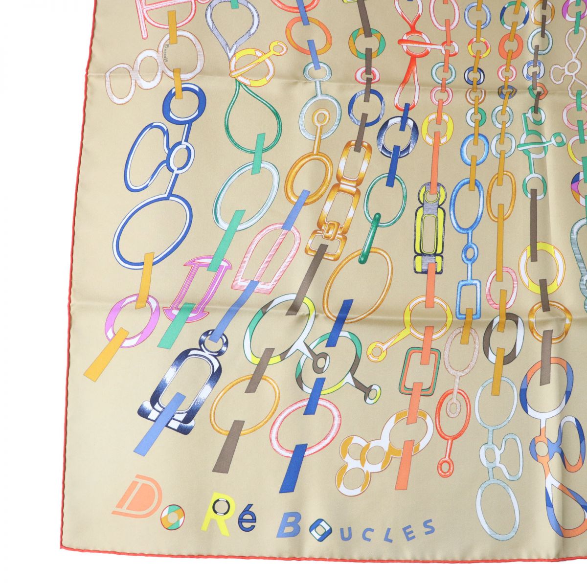 HERMES scarf silk BEIGE DORE/VERT/MU DO RE BOUCLES Carre90