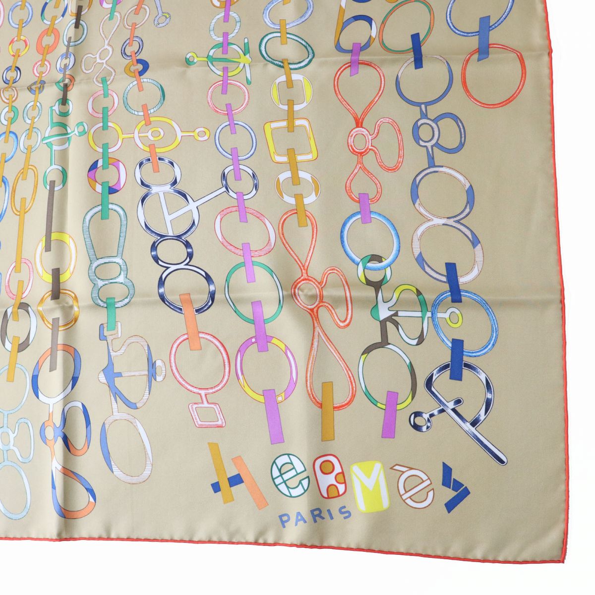 HERMES scarf silk BEIGE DORE/VERT/MU DO RE BOUCLES Carre90