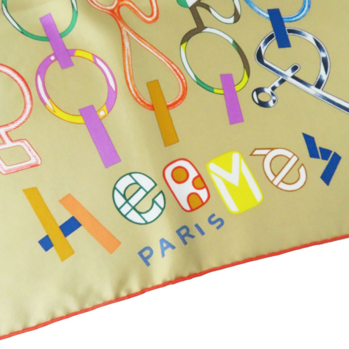 HERMES scarf silk BEIGE DORE/VERT/MU DO RE BOUCLES Carre90