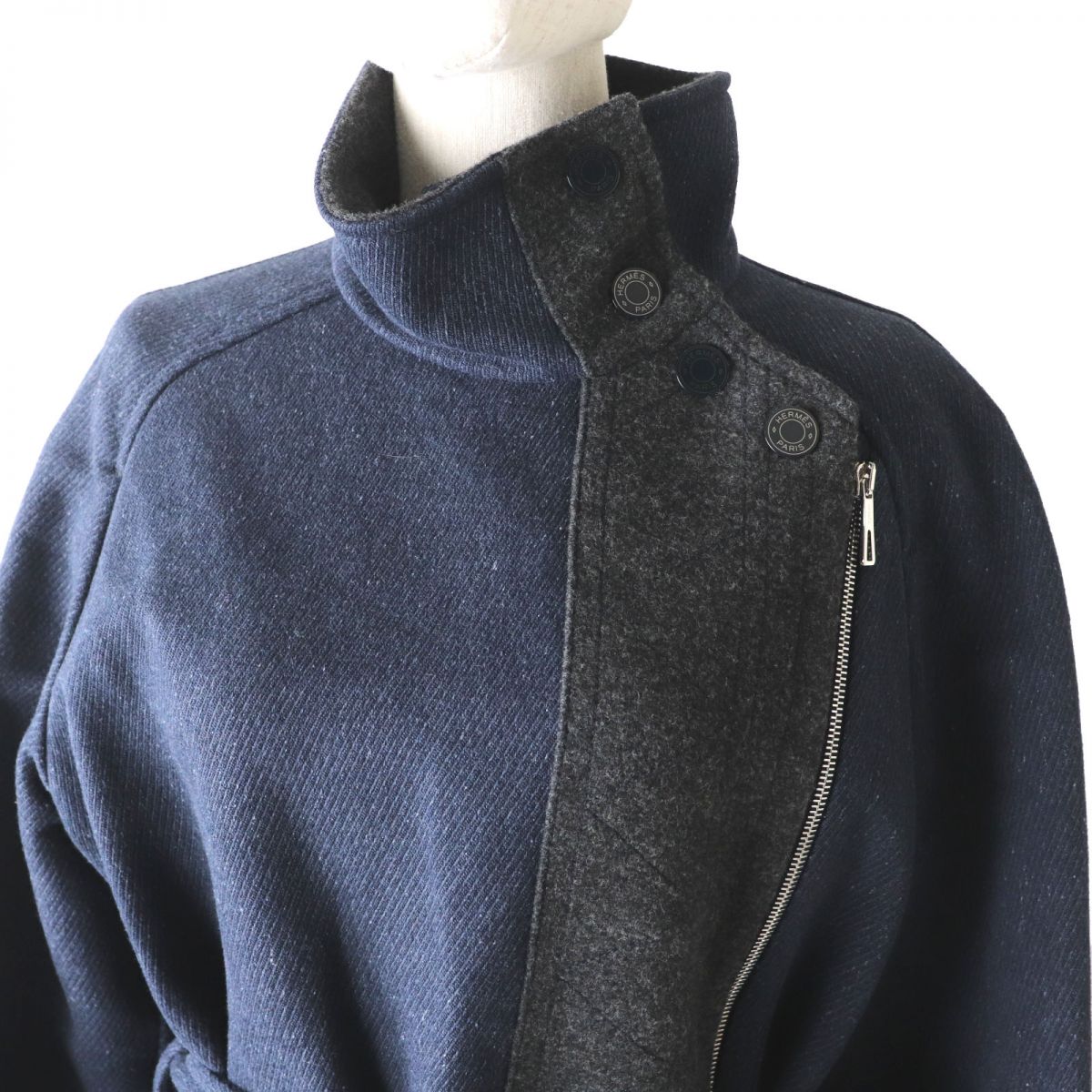 HERMES coat Main: 70% cotton, Main: 30% wool, Part: Leather Navy x Gray type Women 38 Used