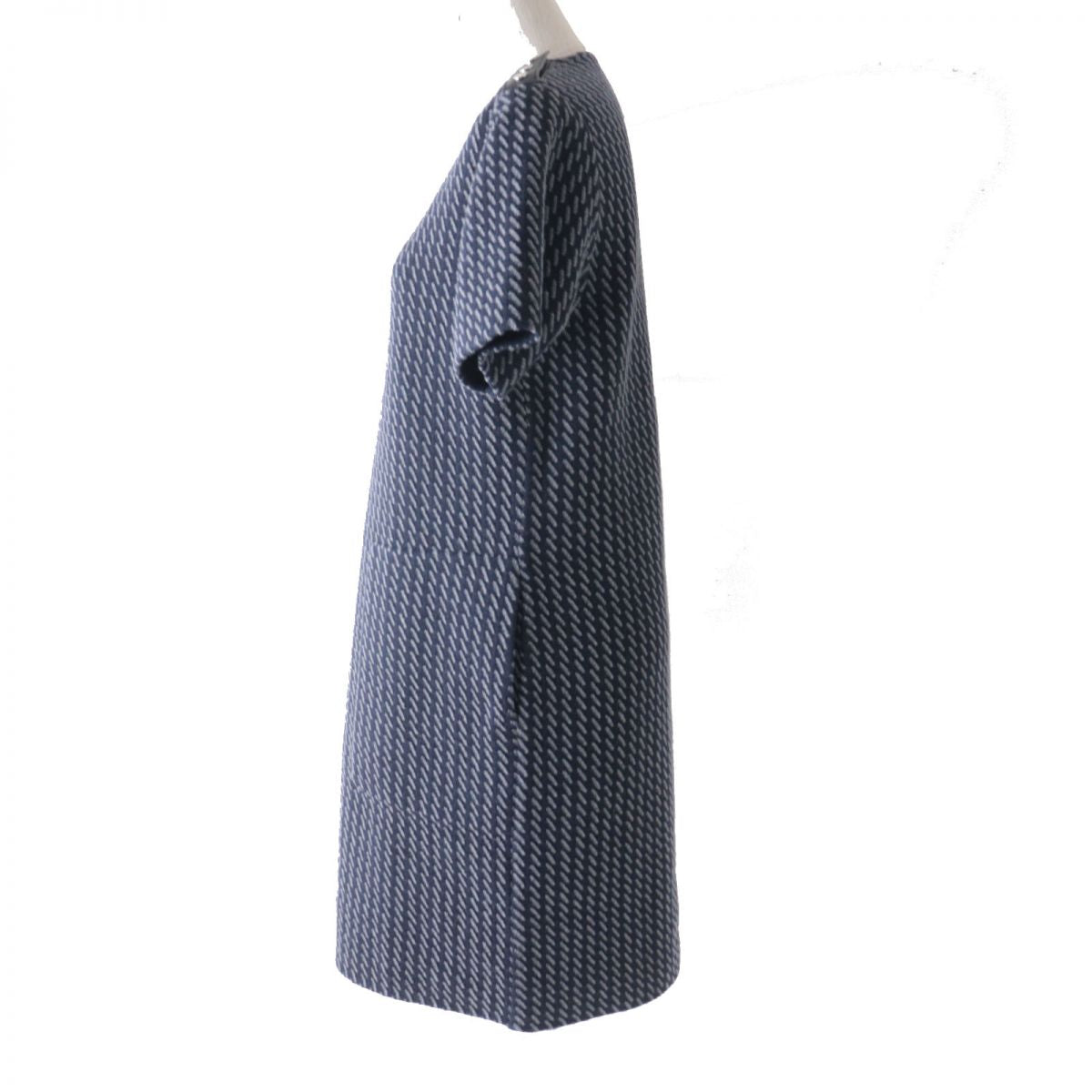 HERMES one piece Main: 99% wool, Main: 1% nylon, Part: Lamb leather Navy x Gray All-over Pattern Women 36 Used