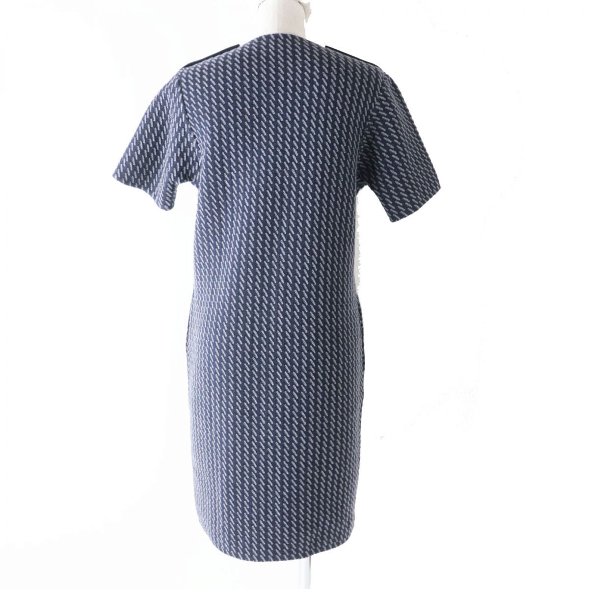 HERMES one piece Main: 99% wool, Main: 1% nylon, Part: Lamb leather Navy x Gray All-over Pattern Women 36 Used