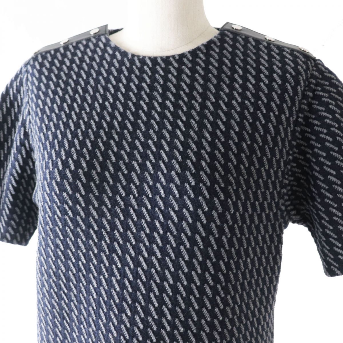 HERMES one piece Main: 99% wool, Main: 1% nylon, Part: Lamb leather Navy x Gray All-over Pattern Women 36 Used