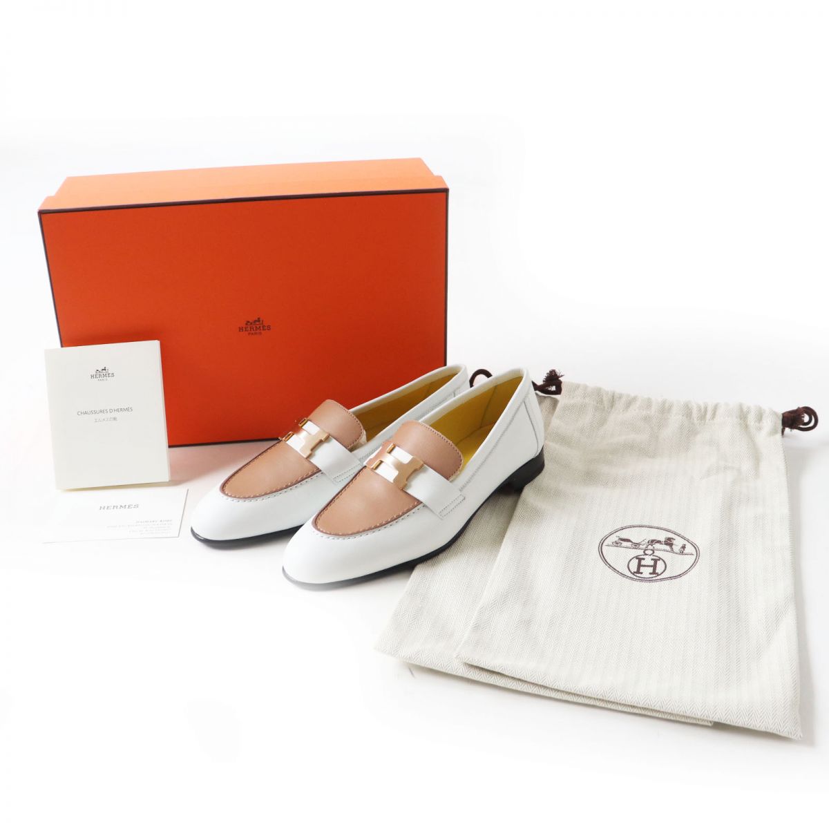 HERMES loafers Main: Leather White x beige x gold Metal Women 35 Used