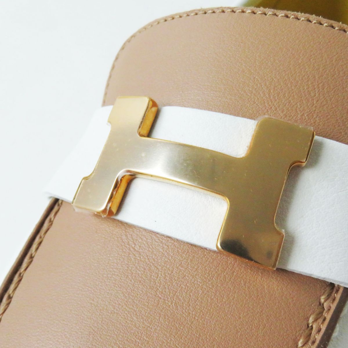 HERMES loafers Main: Leather White x beige x gold Metal Women 35 Used