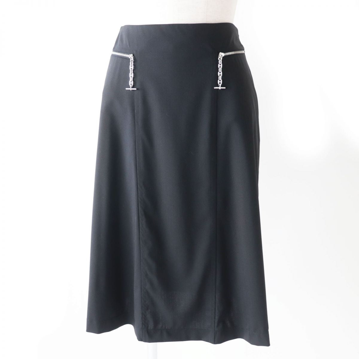 HERMES skirt wool Black x Silver Metal 34