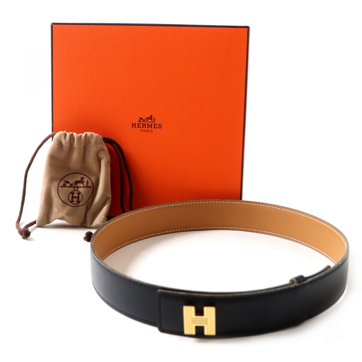 HERMES belt Main: Leather Black x Gold Metal Women Used