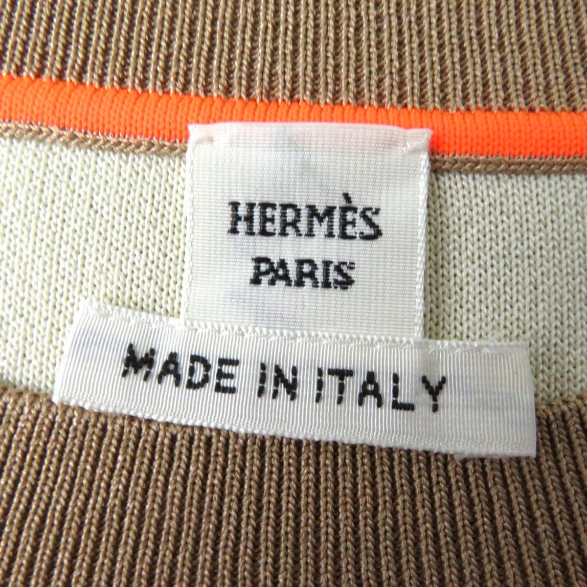 HERMES knit Main: 51% silk, 37% polyester, 7% nylon, 5% polyurethane, Collar: 52% silk, 37% polyester, 8% nylon, 3% polyurethane, Switching part: 100% polyester Beige typex neon orange<br>Jungle Love Fluo Women 38 Used