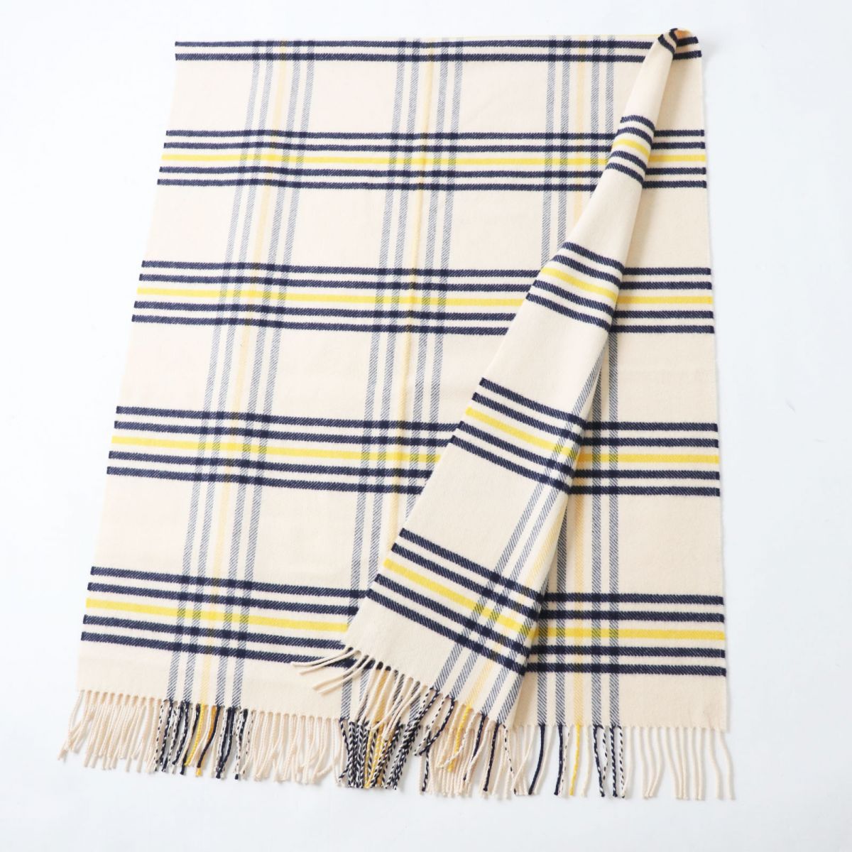 HERMES Scarf Image reference Light beige x navy x yellow<br> Check Pattern Women Used