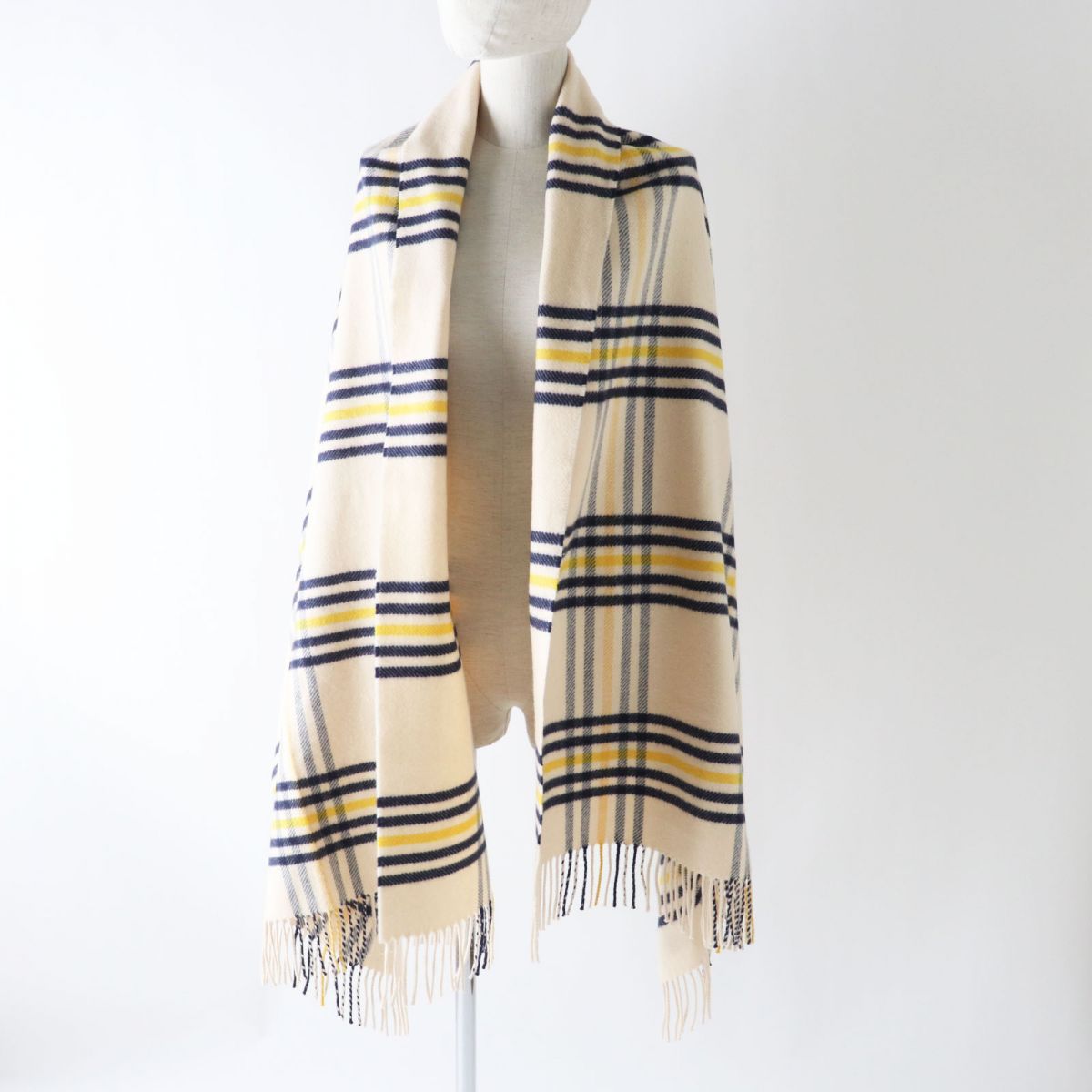 HERMES Scarf Image reference Light beige x navy x yellow<br> Check Pattern Women Used