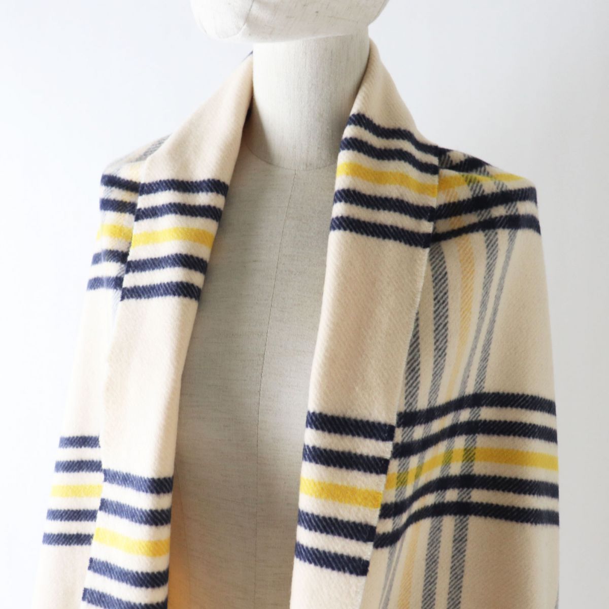 HERMES Scarf Image reference Light beige x navy x yellow<br> Check Pattern Women Used