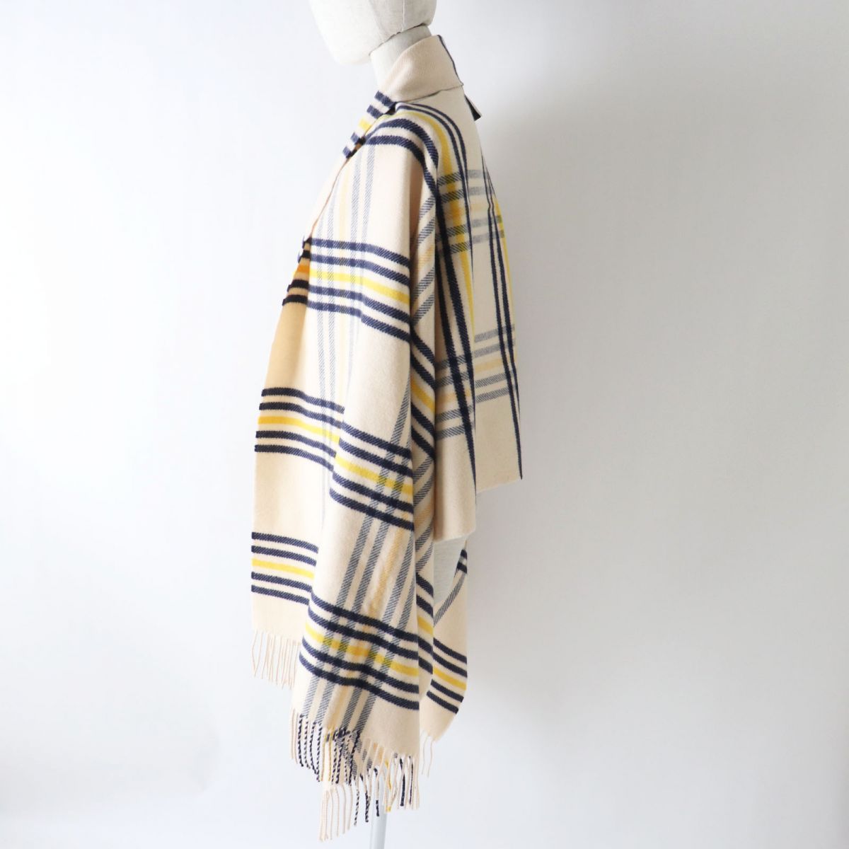 HERMES Scarf Image reference Light beige x navy x yellow<br> Check Pattern Women Used