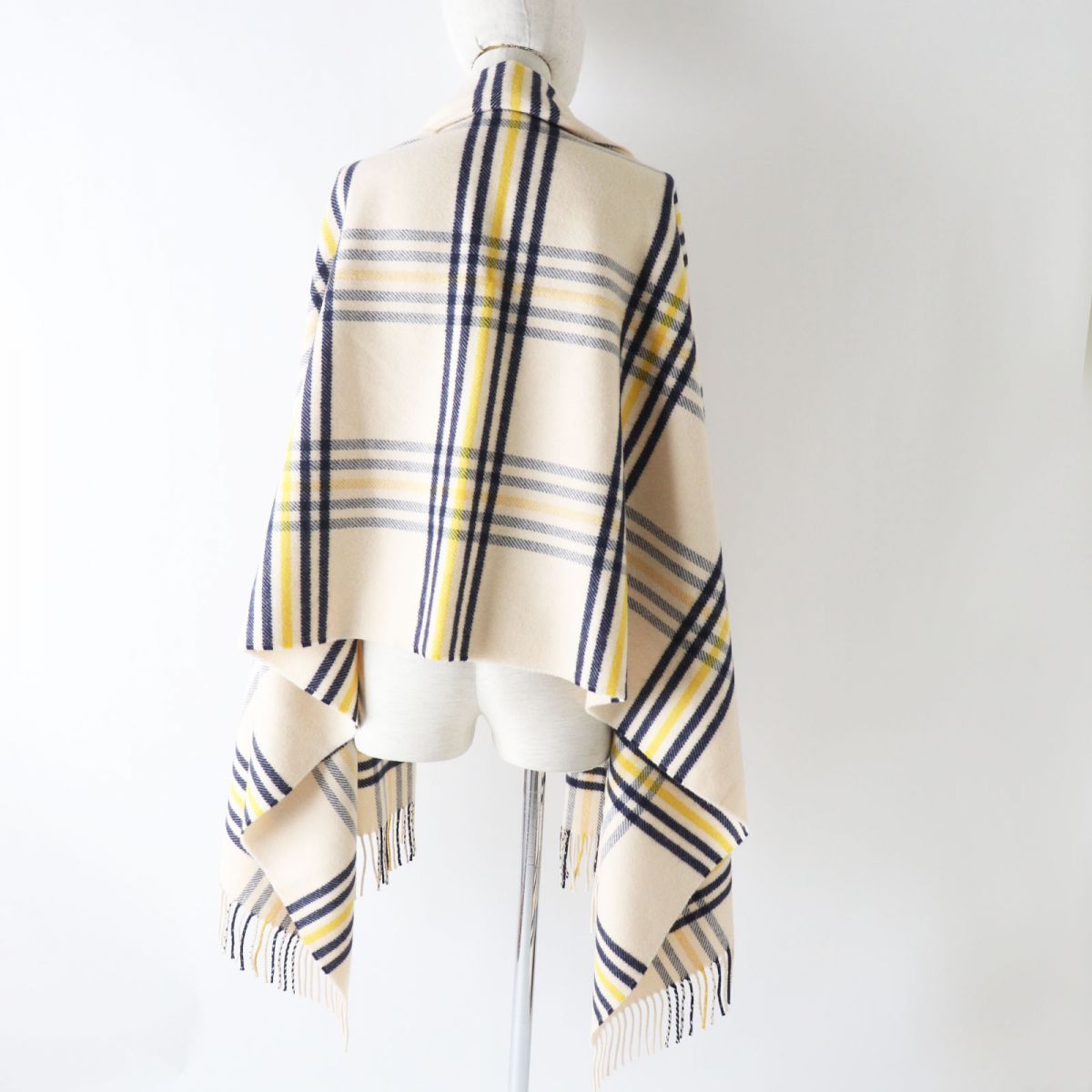 HERMES Scarf Image reference Light beige x navy x yellow<br> Check Pattern Women Used