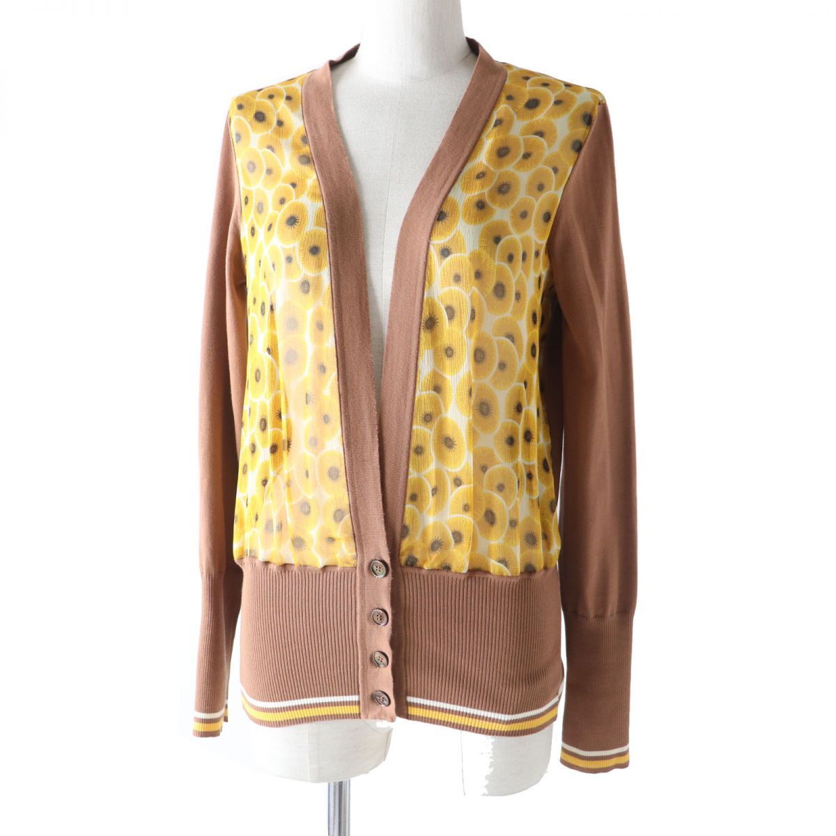 HERMES cardigan Part: 100% silk, Part: 100% cotton Brown x Yellow type (Sunflower Pattern) Women 38 Used