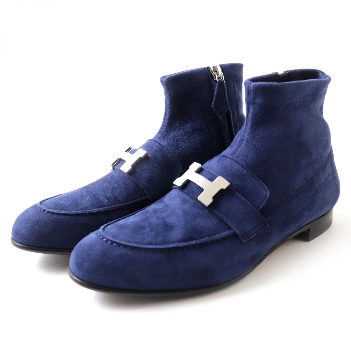 HERMES boots Suede leather Navy x Silver Metal 36